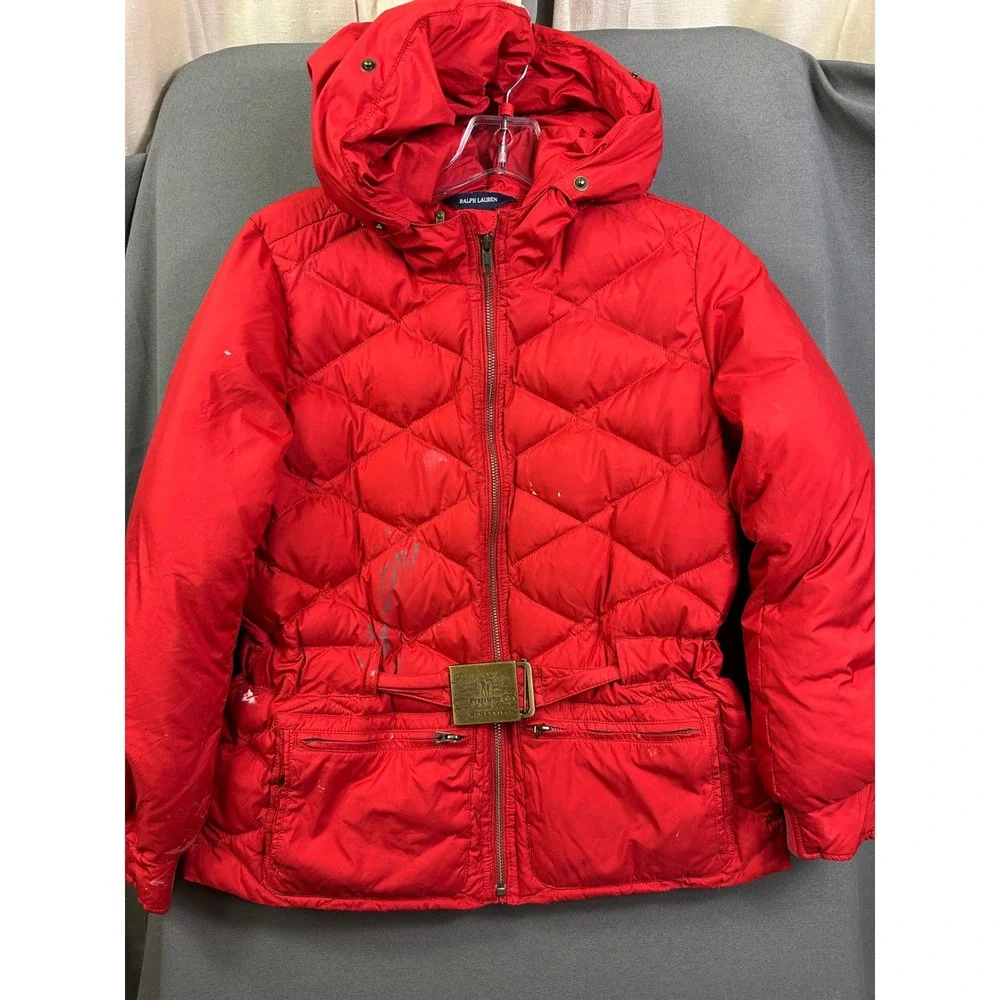 VTG Ralph Lauren Girls Red Quilted Down Puffer Jacket Hooded Belted Size XL 16